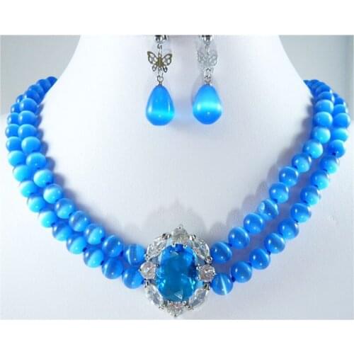 Blue Opal Beads Stone Necklace 2 Rows Layered Choker Earrings Jewelry Set Crystal Zircon Statement Collar Bib for Women Wedding