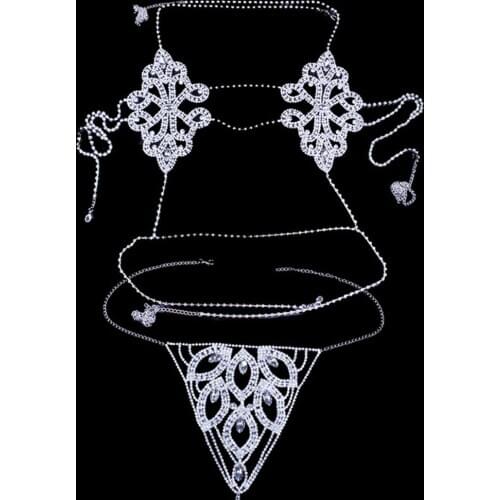 Luxury Rhinestone Sexy Accessories Body Chain Bra Necklace for Women Crystal Thong Panties Sexy Chain Body Jewelry Underwear Set