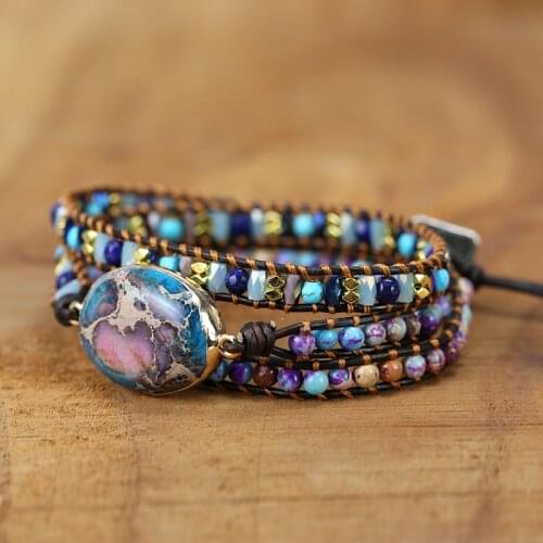 Leather Wrap Bracelet W/ Stones Multi Color Natural Beads Crystal Weaving Statement Art Bracelet Gifts Emperors Stone Bracelet