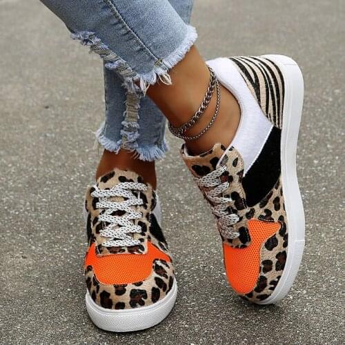 Casual Sneakers Shoes Leopard Patchwork Women Flats Lace Up Breathable Vulcanized Shoes For Female Autumn Ladies Walking Shoes