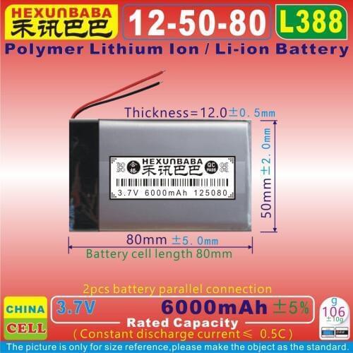 [L388] 3.7V 6000mAh [125080] Polymer lithium ion / Li-ion battery for tablet pc,GPS,power bank,MP4,MP3