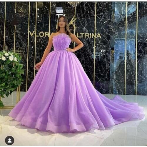2022 Best Selling Lilac Scalloped Sleeveless Beaded Puffy Sweep Train Prom Dresses