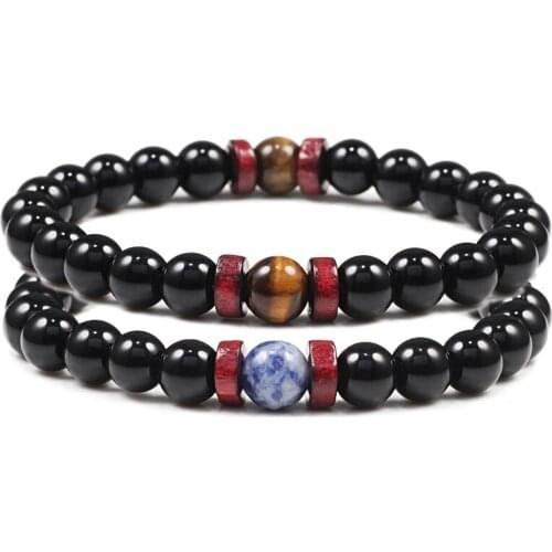 Natural Bright Black Stone Strand Bracelet Wooden Beads Charm Men Women Jewelry Buddha Health Balance Yoga Reiki Bangle pulsera