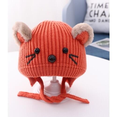 6-24M Autumn And Winter Cartoon Cat Baby Crylic Knitted Hat Warm Baby Lace-up Woolen Hat