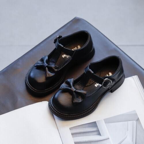 3-12 Years Fashion Bow Princess Shoes Girls Leather Sneakers Kids Party Dress Black School Low-Heeled Shoes For Children Autumn