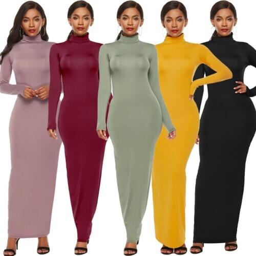 S-5XL Plus Size Party Solid Color Women Long Sleeve Turtleneck Bodycon Maxi Dress Autumn Winter Slim Sexy Dresses Apricot/Black