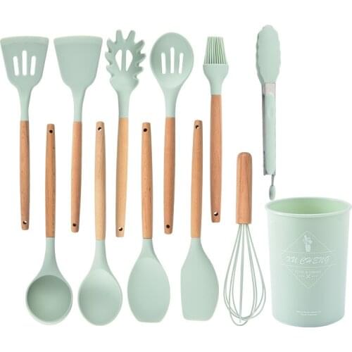 11pcs Silicone Kitchenware Cooking Utensils Set Non-stick Cookware Spatula Shovel Egg Beaters Wooden Handle Kitchen Tool Set