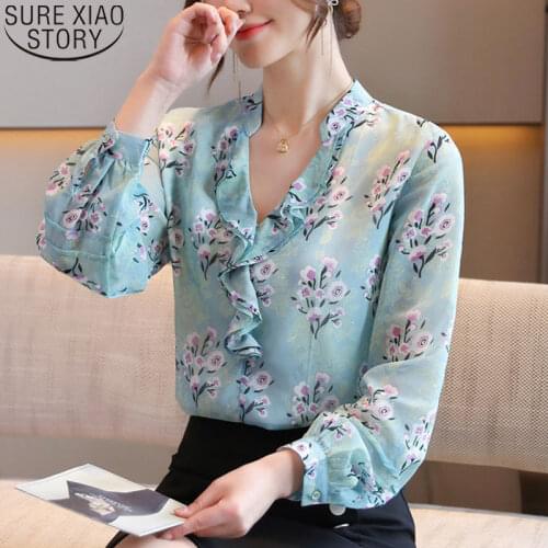 Vintage Women Blouse Floral Print Chiffon Shirts Women 2021 New V-neck Long Sleeve Blouse Tops Pullover Clothing Blusas 10962