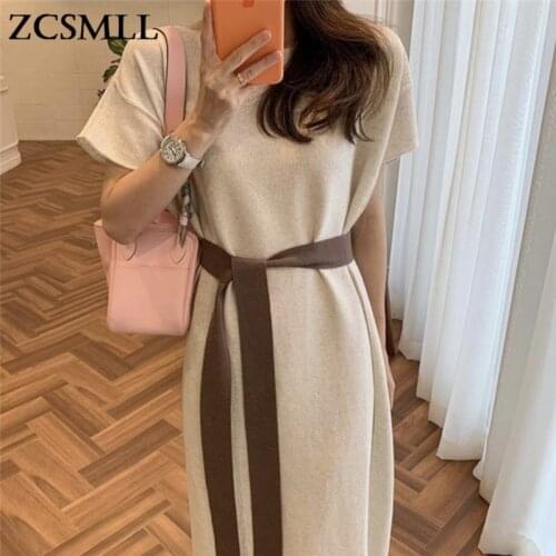 ZCSMLL Korean summer French round neck tie waist design versatile over the knee long knitted dress women 2021 fashion