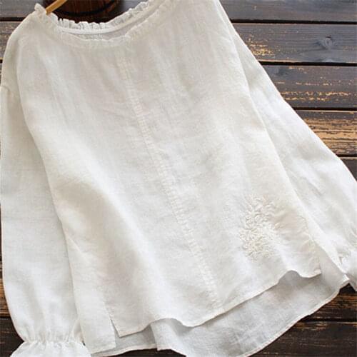 Cotton Plus Size Women Tshirt Summer style Full Sleeve Loose Tee Shirt Vintage Embroidery O-neck Femme Tops