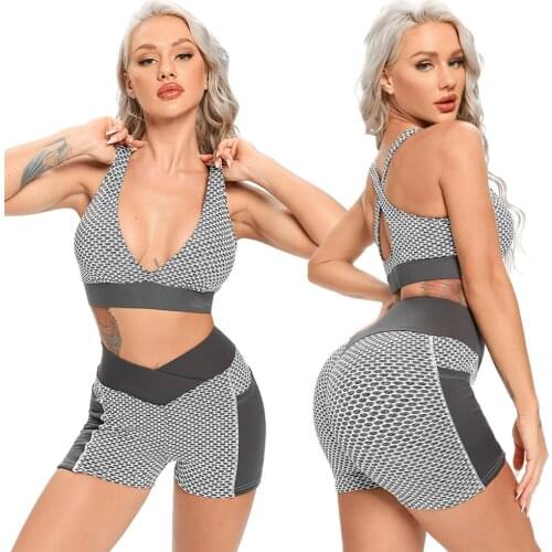 2pcs Women Textured Yoga Sets Gym Sportswear Fitness Leggings High Waist Shorts Matching Sportbra Padded Bra Workout Crop Tops