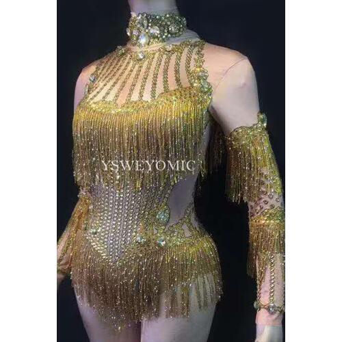 Gold Rhinestones Tassel Spandex Bodysuit Dance Costume Women Birthday Party Rhinestones Stage Outfit Nightclub Dance Wear