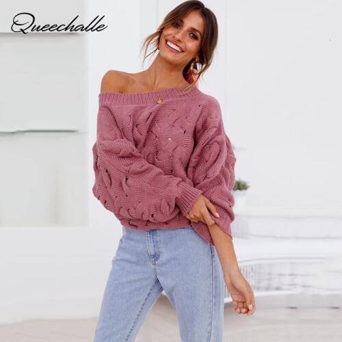 Autumn Winter Womens Sweater Sexy Slash neck Twisted Knitted Thick Warm Pullover Women Batwing Sleeve Loose Casual Jumper Tops
