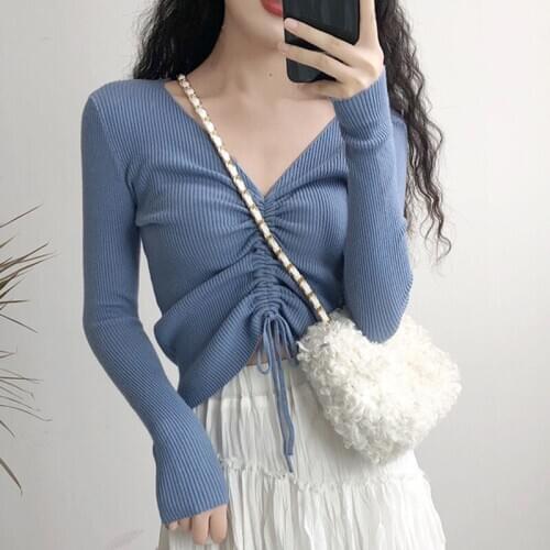 Women Knitted V-neck Full Sleeve Draw String Sweaters Pullovers Female Knitting Soft Sweater Top for Female Autumn Tops