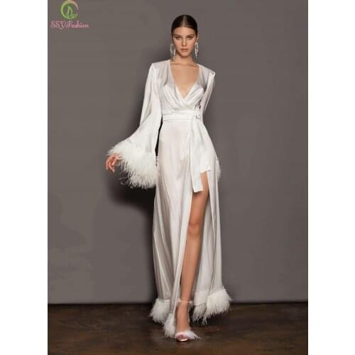 SSYFashion New White Satin Evening Dress Luxury V-neck Flared Sleeves Feathers Robe Formal Gowns for Women Vestido De Noche