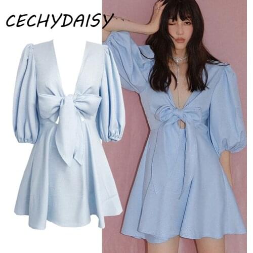 Sexy V-Neck Striped Party Night Dresses For Women 2021 Autumn New Fashion Vouge Lantern Sleeve Bow Blue Striped Mini Dress Robes