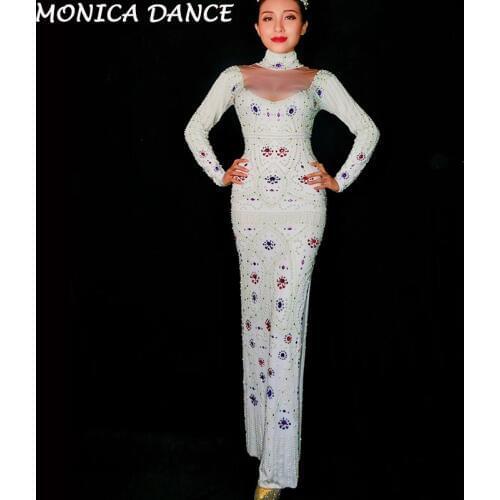 Women Sexy Glisten Rhinestones Long Dress Nightclub Wedding Party Celebrate Outfit Female Singer Performance Sexy White Dresses