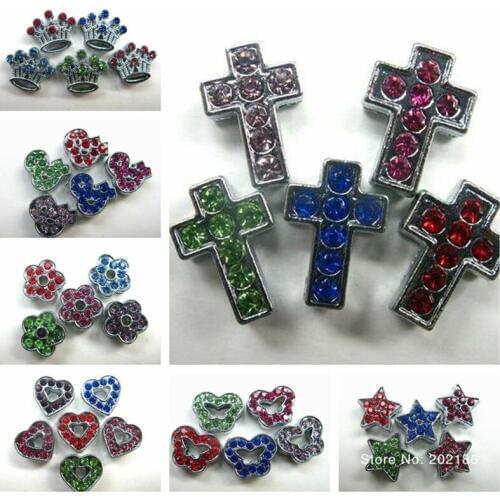 10Pcs/Lot 8mm Slider Charms Bracelet Jewelry Rhinestone Crown Cross Stars Heart Flower Butterfly Fit Pet Collar DIY Wristband