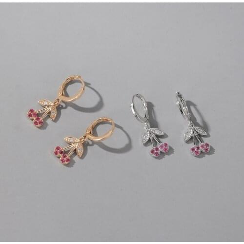 12 Pairs/Lot Gold Silver Color Crystal Cherry Drop Earrings Rhinestone Fruit Dangle Earring Jewelry Round Circle Huggie Eardrop