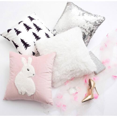 2019 fashion Throw Decorative Pillow Cover Square Sequin Faux Fur Embroidery Rabbit Velvet Cushion Cover Home Decor Sofa Pillow
