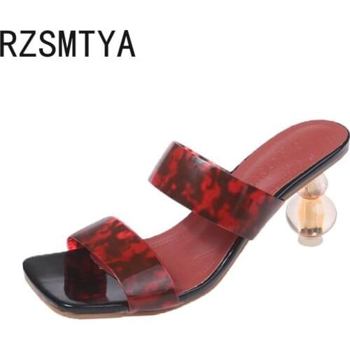 2021 Summer Luxury Women Designer Crystal Clear High Heels Slides Mules Flip Flop Strange Round Heels Transparent Slippers Shoes