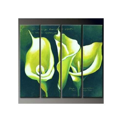 4 piece Hand Painted Oil Painting Callas In Green-Modern Floral Canvas Wall Art -Flower Canvas Wall Pictures for Living Rooms