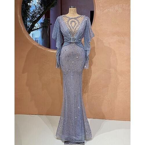 Glitter Blue Sequin Mermaid Prom Dress with Sleeves Beads African Evening Gowns Elegant Women Long Formal Gala Dress