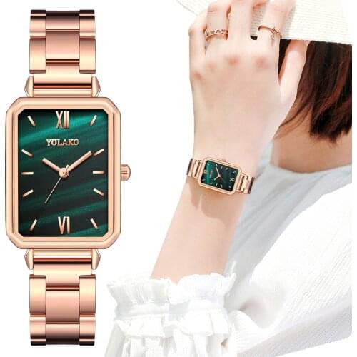 Reloj Mujer Women Rectangle Green Marble Dial Roma Watches YOLAKO Female Rose Gold Stainless Steel Quartz Wrist Watches