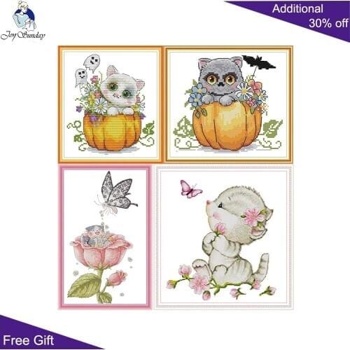 Joy Sunday Baby Cat DA383 DA384 DA386 DA390 Home Decor Halloween Cat Flower Pollination Cat And Butterfly Cross Stitch Kits