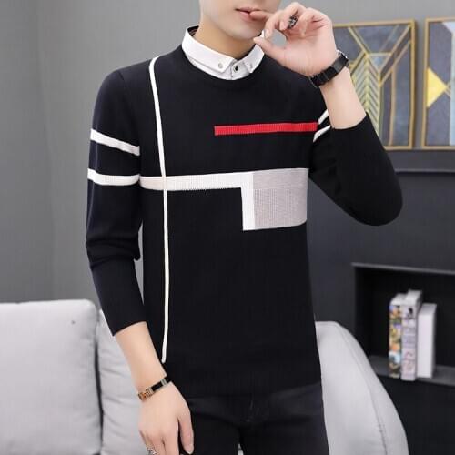 Fake Two Fashionable Casual Sweaters Turn-down Collar Pullovers Casual Men Winter New Long Sleeve Sweater Fall Sweater