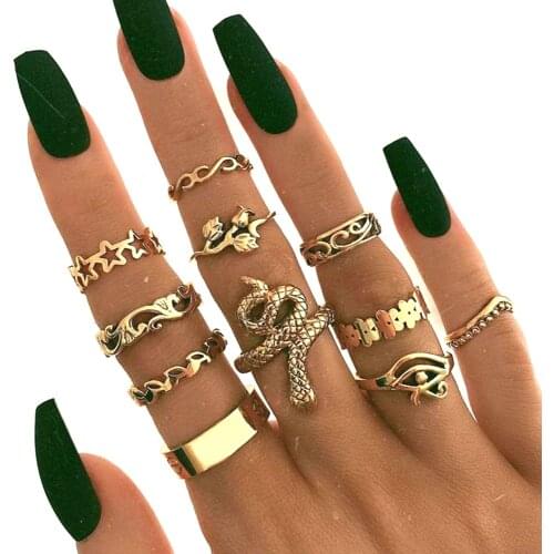 11pcs Creative Gold Snake Joint Ring Bohemia Simple Rose Stars Thin Knuckle Rings for Women Geometric Finger Rings Set Jewelry