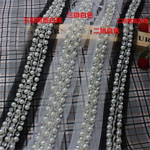 2Yards Handmade White Beads Pearl Lace Rhinestone Mesh Ribbon Applique Sewing Accessories Crafts For Clothes Wedding Dress