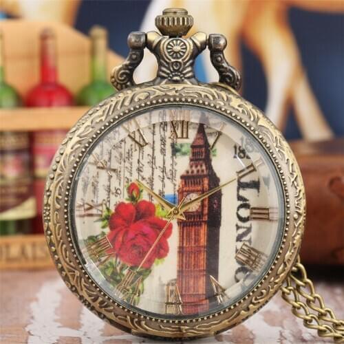 Transparent Cover Big Ben Roman Numerals Display Quartz Necklace Watch Bronze Pendant Pocket Clock with Sweater Chain