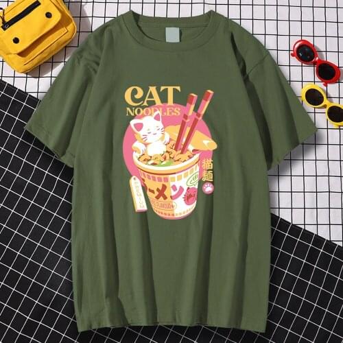 Fashion Breathable Male Tee Shirt Round Neck Tee Shirt Delicious Adorable Cat Noodles Print Tops Regular Sleeve Tee Shirts Men