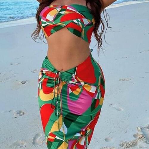 Fashion Print Halter Cut-Out Sexy Lace Up Top and Skirt Bodycon Outfit Two Pieces Ruched Club Party Matching Set