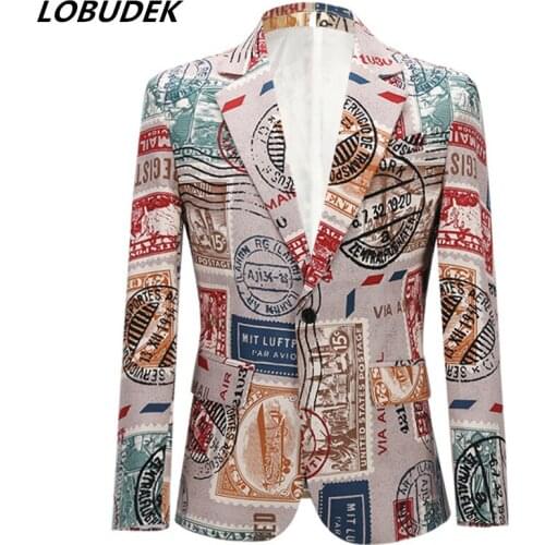 Fashion Vintage Plus Size Letters Pattern Suit Jacket Men Casual Coat Slim Fit Blazer Prom Singer Host Stage Nightclub Costume