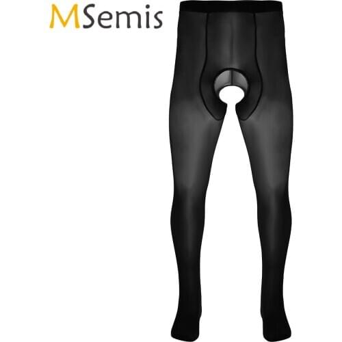 Mens Lingerie Open Crotch Ice Silk Pantyhose Closed Toes Crotchless Stretchy Stockings Tights Hosiery Legging Pant Underwear