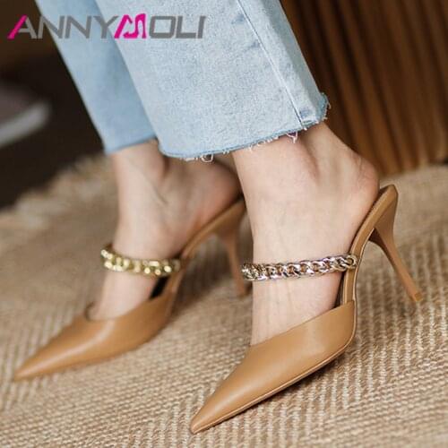 ANNYMOLI Mules Shoes Women Real Leather Sandals Chain Super High Heel Sandals Pointed Toe Shoes Stiletto Ladies Footwear Summer