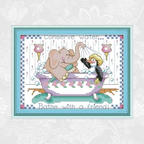 Bath with friend Cross Stitch kits 14ct Printed Canvas 11ct White Fabric DMC Embroidery DIY Handmade Needlework Crafts