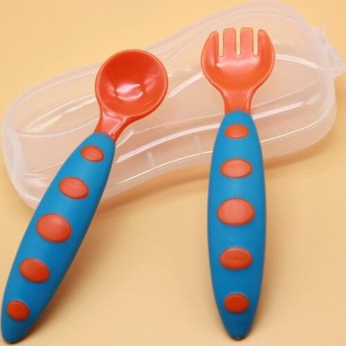 2017 New Colorful Infant Spoon Baby Feeding Spoon Fork TPE Handle Tableware 2 Colors With Box