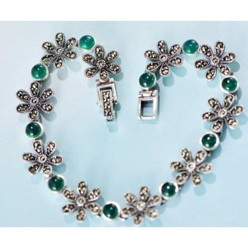 New s925 pure silver palace style flowers green agate woman bracelet fashion ladies wild bracelet