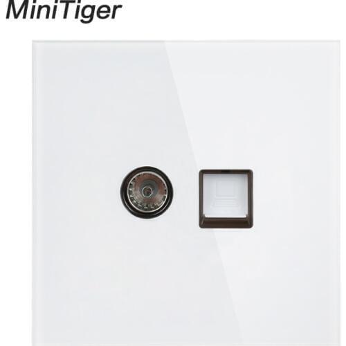 Minitiger White Luxury Crystal Tempered Glass Panel RJ45 Internet Jack With TV Outlet Wall Data Computer Socket