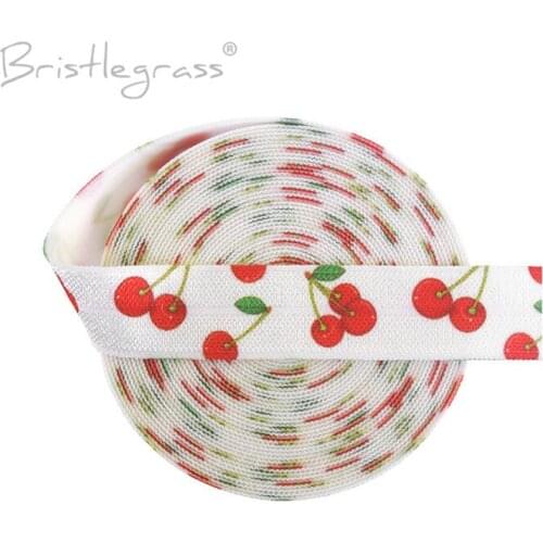 BRISTLEGRASS 5 Yard 5/8" 15mm Cherry Print Fold Over Elastic FOE Spandex Satin Band Hair Tie Headband Tutu Dress DIY Sewing Trim