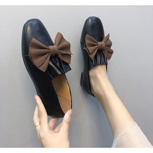 New Comfortable Bottom Low Heel Solid Color Bow Fashion Casual Womens Shoes Loafers Flat Leather Shoes Female Zapatos Mujer