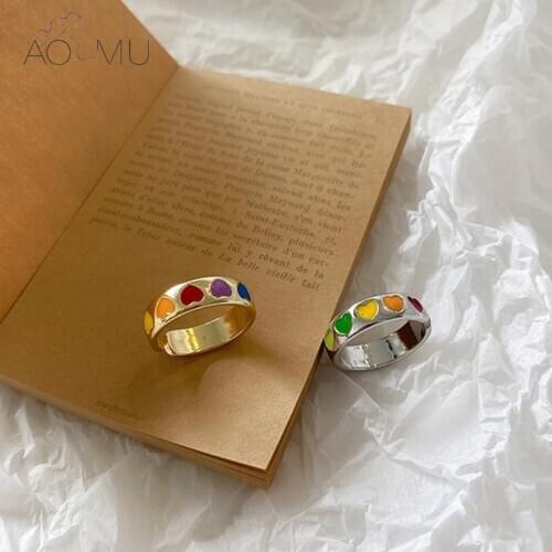 AOMU 2020 Rainbow Vintage Bohemia Colorful Enamel Love Heart Cute Simple Metal Gold Silver Color Rings for Women Punk Jewelry
