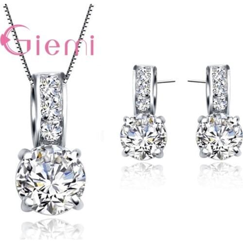 Top Quality 925 Sterling Silver Jewelry Clear White Topaz Cubic Zircon Pendant Necklace/Earring Women Jewelry Set Drop Shipping