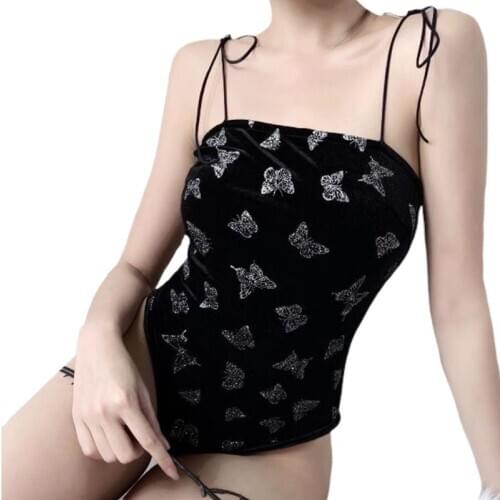 Women Gothic Sexy Sleeveless Bodysuit Lace-Up Strap Shimmer Butterfly Print Jumpsuit Backless High Waist Velvet Rompers
