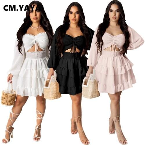 CM.YAYA Women Dress Solid Full Puff Sleeve Starpless Hollow Out Empire Bud Knee-length Bud Dresses Sweet Street Outfits Spring