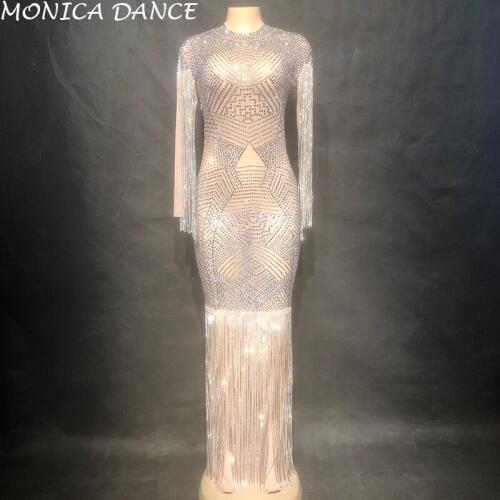 Women Sexy Sparkly Crystals Mesh Perspective Dress Evening Party Dresses Birthday Celebrate Dress Singer Performance Dance Dress