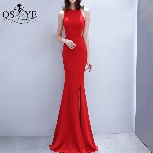 Simple Red Evening Dress Stretch Long Party Gown Halter Neck Formal Gown Hollow out Waist Split Women Prom Dress Red Sleeveless
